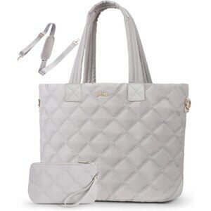 Womens White Puffer Shoulder Tote Quilted Work Bag Laptop Sleeve Compartment